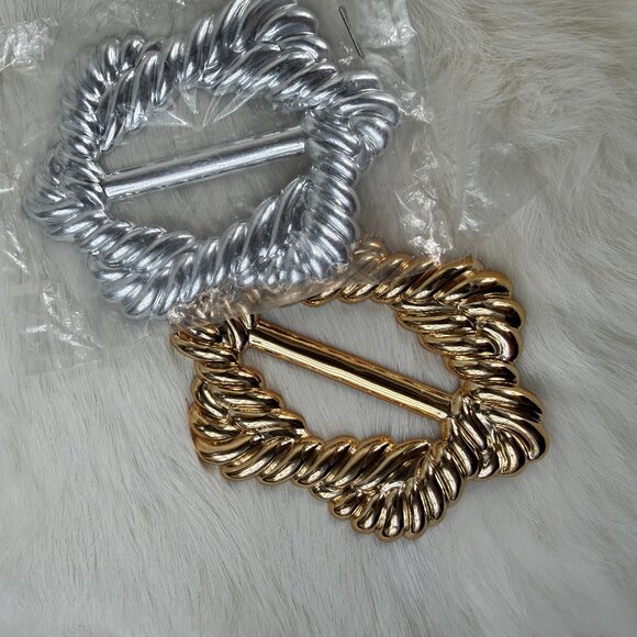 Set of Two - Silver & Gold - Vintage Large Plastic Belt Buckles - Taiwan 80s 90s - Picture 2 of 6